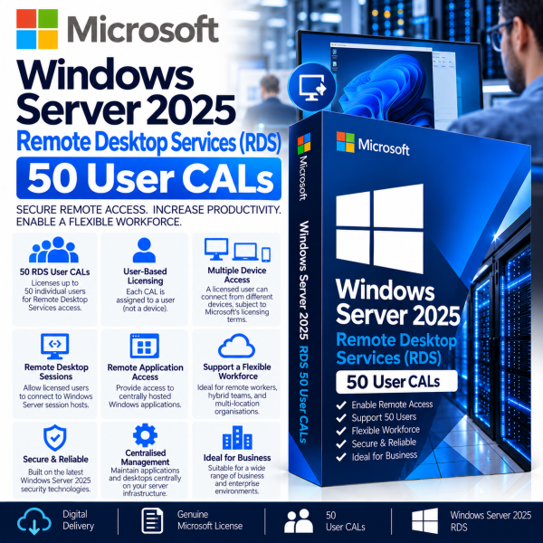 Windows Server 2025 Remote Desktop Services (RDS) – 50 User CALs
